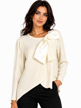 New Maginn Ivory Bow Sweater Top Medium Long Sleeve Asymmetrical Hem NWT